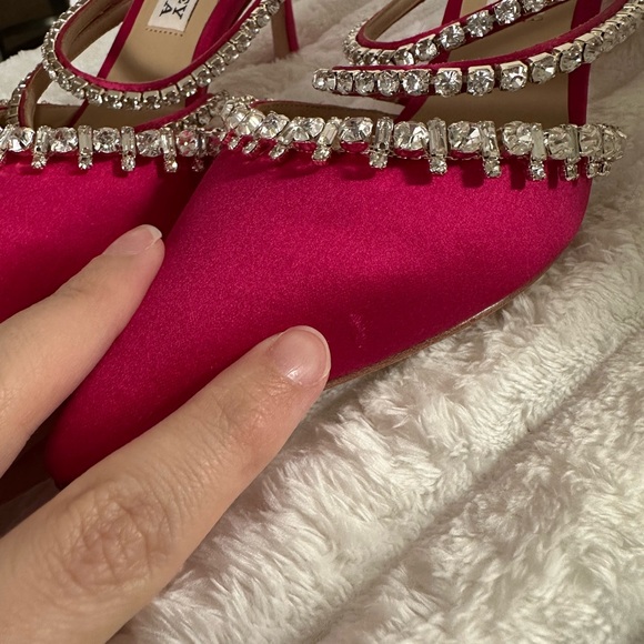 Badgley Mischka Fuchsia Satin Heels with Rhinestones - Picture 3 of 6